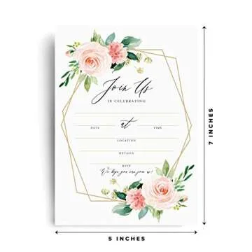 Bliss Collections Join Us Invitations with Envelopes, Bridal Shower Invites, Baby Shower, Birthday, Wedding, Baptism, Geometric Blush Floral, Coral & Greenery Watercolor fill-in style invites, 25 Pack