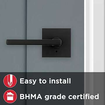 Kwikset 91550-029 Halifax Door Handle Lever with Modern Contemporary Slim Square Design for Home Bedroom or Bathroom Privacy in Iron Black