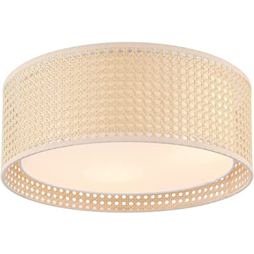 WINGBO 15.7" Modern 3-Light Flush Mount Ceiling Light Fixture with Rattan & Fabric Double Drum Shade...