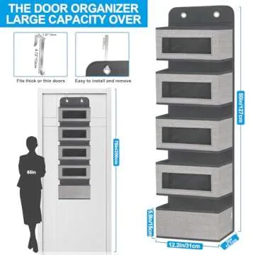 homyfort Over The Door Hanging Organizer Storage with 5 Large Pockets,Wall Mount Clear Windows and 2 Widened Metal Hooks for Pantry,Nursery,Diapers,Bathroom,Kitchen,Closet,Dorm(Grey)