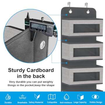 homyfort Over The Door Hanging Organizer Storage with 5 Large Pockets,Wall Mount Clear Windows and 2 Widened Metal Hooks for Pantry,Nursery,Diapers,Bathroom,Kitchen,Closet,Dorm(Grey)