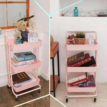 Piowio 3 Tier Utility Rolling Cart in Pink for Home and Office