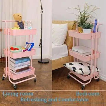 Piowio 3 Tier Utility Rolling Cart in Pink for Home and Office