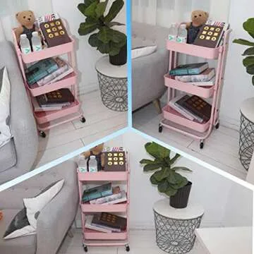 Piowio 3 Tier Utility Rolling Cart in Pink for Home and Office
