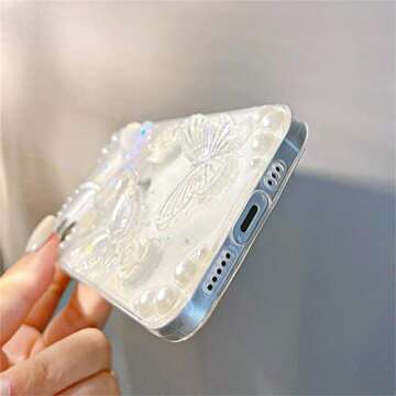 Fycyko Compatible with iPhone 14/13 Butterfly Floral Clear with Design Aesthetic Women Teen Girls Glitter Pretty Crystal Sparkle Sparkly Cute Girly Phone Cases Protective Cover+Chain-Clear