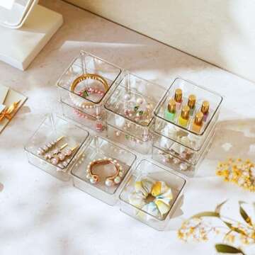 Hudgan 24 PCS Clear Plastic Drawer Organizer Set Stackable Square Vanity Organizers and storage for Makeup, Bathroom, Office Desk