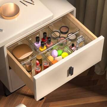 Hudgan 24 PCS Clear Plastic Drawer Organizer Set Stackable Square Vanity Organizers and storage for Makeup, Bathroom, Office Desk