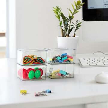 Hudgan 24 PCS Clear Plastic Drawer Organizer Set Stackable Square Vanity Organizers and storage for Makeup, Bathroom, Office Desk