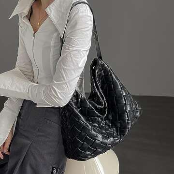 JINMANXUE Women Boston Bag Woven Vegan Leather Handbags Female Satchel Messenger Bag Fashion Shoulde...