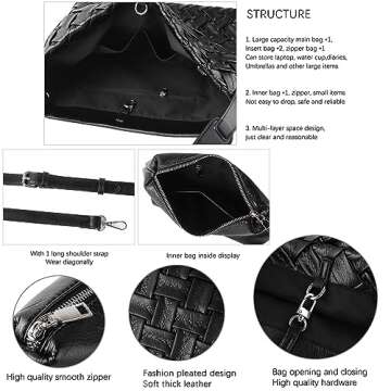 JINMANXUE Women Boston Bag Woven Vegan Leather Handbags Female Satchel Messenger Bag Fashion Shoulder Bag Casual Hobo (B-Black)