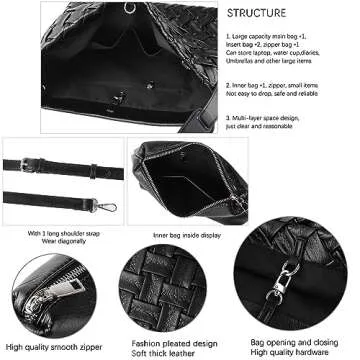 JINMANXUE Women Boston Bag Woven Vegan Leather Handbags Female Satchel Messenger Bag Fashion Shoulder Bag Casual Hobo (B-Black)