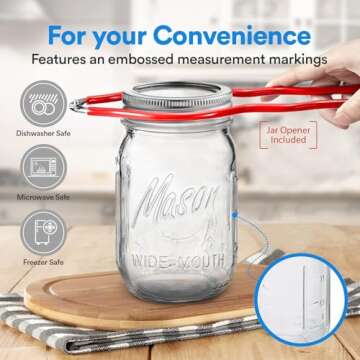 Wide Mouth Mason Jars 32 oz. (4 Pack) - Quart Size Jars with Airtight Lids and Bands - Made in USA -...
