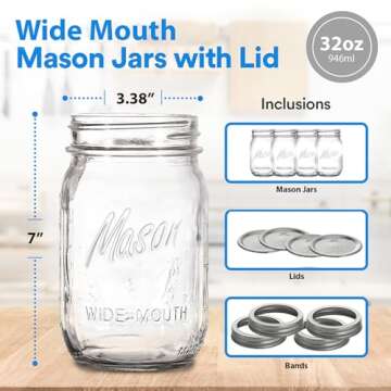Wide Mouth Mason Jars 32 oz. (4 Pack) - Quart Size Jars with Airtight Lids and Bands - Made in USA - for Canning, Fermenting, Pickling, or DIY Decors and Projects - Bundled with Jar Opener