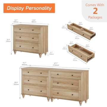 WAMPAT Dresser for Bedroom with 6 Drawers, Oak Kids Dressers with Wide Chest of Drawers, Mid Century...