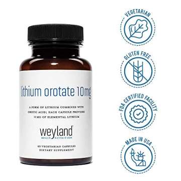 Weyland Brain Nutrition: Lithium Orotate 10mg (1 Bottle), 60 Vegetarian Capsules, Lithium Supplement Supports Healthy Mood, Behavior, Memory and Wellness