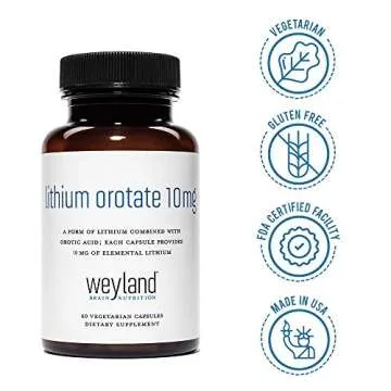 Weyland Brain Nutrition: Lithium Orotate 10mg (1 Bottle), 60 Vegetarian Capsules, Lithium Supplement Supports Healthy Mood, Behavior, Memory and Wellness