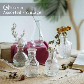 Glasseam Glass Small Bud Vase: Vintage Flower Vases for Centerpieces Mini Crystal Clear Vase Set of 5 Cute Decorative Vases for Flowers Decor Wedding Table Dining Room Decorations