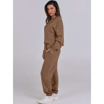 ANRABESS Womens 2 Piece Outfits Lounge Sets Cropped Sweatshirt & Joggers Fashion Sweatsuit Sweat Set 2024 Fall Travel Brown Small