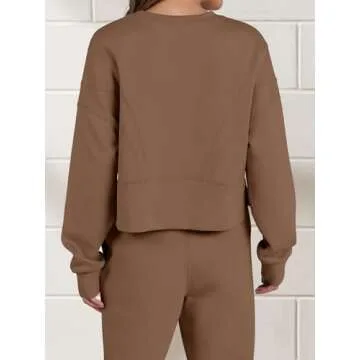 ANRABESS Womens 2 Piece Outfits Lounge Sets Cropped Sweatshirt & Joggers Fashion Sweatsuit Sweat Set 2024 Fall Travel Brown Small