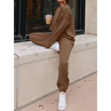 ANRABESS Womens 2 Piece Outfits Lounge Sets Cropped Sweatshirt & Joggers Fashion Sweatsuit Sweat Set 2024 Fall Travel Brown Small