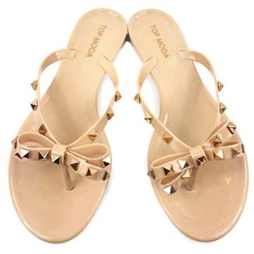 TOP Moda Womens Studded Jelly Flip Flops Sandals with Bow, Nude, 6