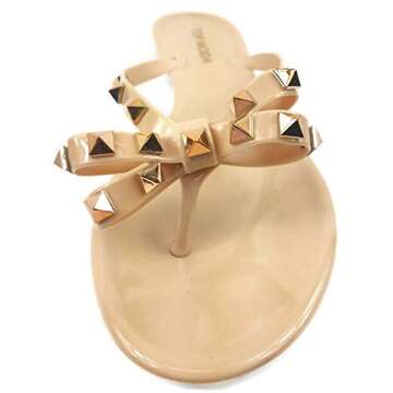 TOP Moda Womens Studded Jelly Flip Flops Sandals with Bow, Nude, 6