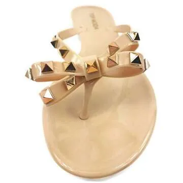 TOP Moda Womens Studded Jelly Flip Flops Sandals with Bow, Nude, 6