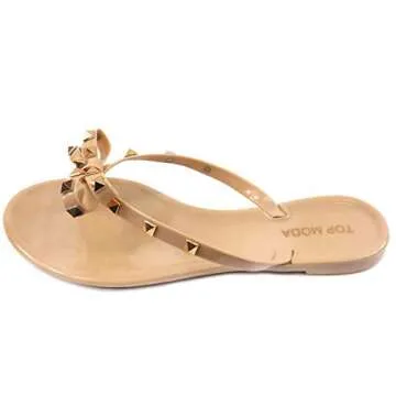 TOP Moda Womens Studded Jelly Flip Flops Sandals with Bow, Nude, 6