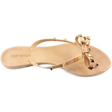 TOP Moda Womens Studded Jelly Flip Flops Sandals with Bow, Nude, 6