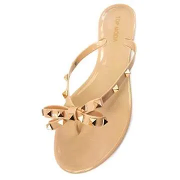TOP Moda Womens Studded Jelly Flip Flops Sandals with Bow, Nude, 6