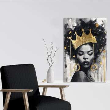 Native African American Wall Art: Inspirational Yellow Black Girl Canvas Wall Art, African American Woman Pictures with Queen Crown for Bedroom, African Ethno Motive Framed Ready to Hang(16x24inch)