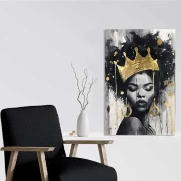 Native African American Wall Art: Inspirational Yellow Black Girl Canvas Wall Art, African American Woman Pictures with Queen Crown for Bedroom, African Ethno Motive Framed Ready to Hang(16x24inch)