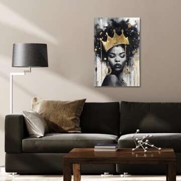 Native African American Wall Art: Inspirational Yellow Black Girl Canvas Wall Art, African American Woman Pictures with Queen Crown for Bedroom, African Ethno Motive Framed Ready to Hang(16x24inch)