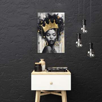 Native African American Wall Art: Inspirational Yellow Black Girl Canvas Wall Art, African American Woman Pictures with Queen Crown for Bedroom, African Ethno Motive Framed Ready to Hang(16x24inch)