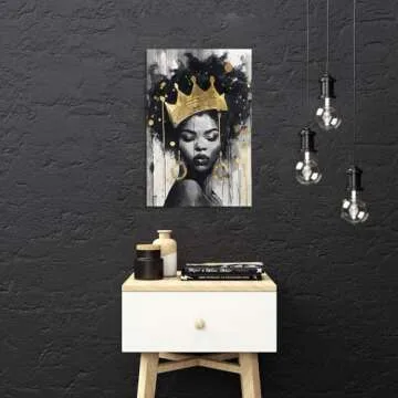 Native African American Wall Art: Inspirational Yellow Black Girl Canvas Wall Art, African American Woman Pictures with Queen Crown for Bedroom, African Ethno Motive Framed Ready to Hang(16x24inch)