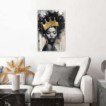 Native African American Wall Art: Inspirational Yellow Black Girl Canvas Wall Art, African American Woman Pictures with Queen Crown for Bedroom, African Ethno Motive Framed Ready to Hang(16x24inch)