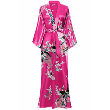BABEYOND Women's Kimono Robe Long Satin Silky Robes with Peacock and Blossoms Printed Kimono Nightgo...