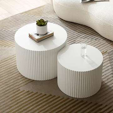 kevinplus White Round Nesting Coffee Table Set of 2 Modern Drum Side Table End Table for Living Room, Wood Circle Embossed Design Coffee Table Contemporary Living Room Table Set, Matte White