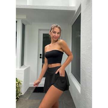 OQQ Women 2 Piece Skirts 2 in 1 Flowy Basic Versatile Stretchy Flared Casual Mini Skirts Black Drab