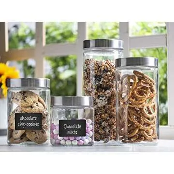 4pc Canister Sets for Kitchen Counter or Bathroom + Labels & Marker, Glass Cookie Jars with Airtight...
