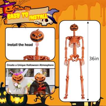 36" Posable Pumpkin Skeleton for Halloween Decor
