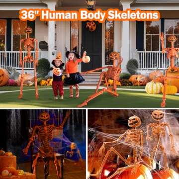 36" Posable Pumpkin Skeleton for Halloween Decor