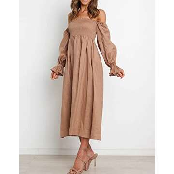 R.Vivimos Summer Dress for Women Long Sleeve Casual Smocked Off Shoulder A-Line Midi Dress (Medium, ...