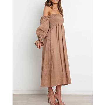 R.Vivimos Summer Dress for Women Long Sleeve Casual Smocked Off Shoulder A-Line Midi Dress (Medium, Brown)