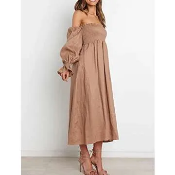 R.Vivimos Summer Dress for Women Long Sleeve Casual Smocked Off Shoulder A-Line Midi Dress (Medium, Brown)