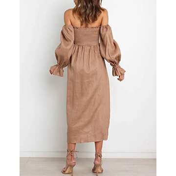 R.Vivimos Summer Dress for Women Long Sleeve Casual Smocked Off Shoulder A-Line Midi Dress (Medium, Brown)