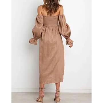 R.Vivimos Summer Dress for Women Long Sleeve Casual Smocked Off Shoulder A-Line Midi Dress (Medium, Brown)