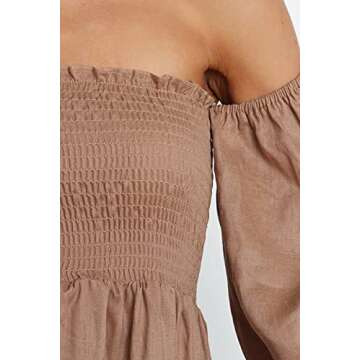 R.Vivimos Summer Dress for Women Long Sleeve Casual Smocked Off Shoulder A-Line Midi Dress (Medium, Brown)