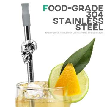 Homestia 8PCS Reusable Drinking Straws, 10.5" Skull Stainless Steel Straws, 20oz 30oz Tumbler Straws, Metal Straws with Silicone Tips and Cleaning Brush Set of 4 Straight and 4 Bent