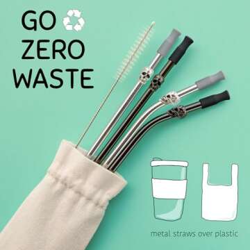 Homestia 8PCS Reusable Drinking Straws, 10.5" Skull Stainless Steel Straws, 20oz 30oz Tumbler Straws, Metal Straws with Silicone Tips and Cleaning Brush Set of 4 Straight and 4 Bent